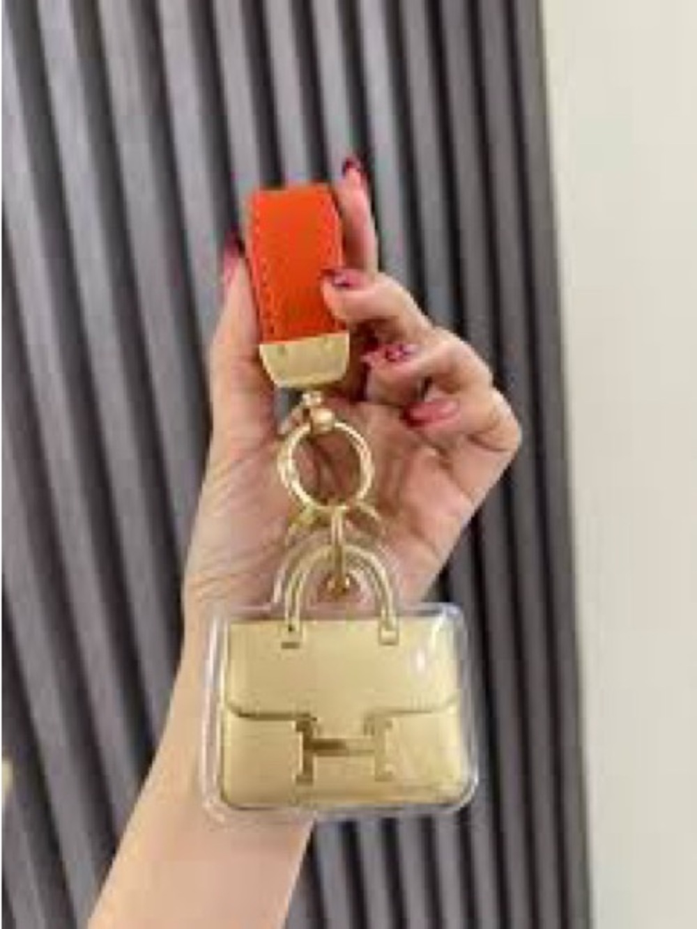Orange Leather Strap Key & Card Holder with Gold Mini Bag Charm